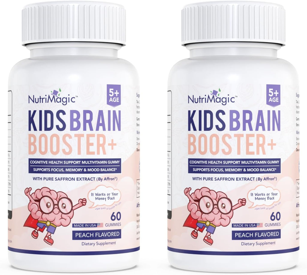NutriMagic Kids Brain Booster+ 30mg Saffron-Based Multivitamin Gummies for Kids Brain Health Support, Saffron Extract Gummies, Vitamin D3, B6, B12, Zinc, 120x Non-GMO Gummies (2-Pack)