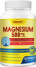 ZEBORA Complejo de Magnesio 10 en 1 - 500mg con Glicinato, Citrato y Malato + Vitamina D3 y Zinc - 120 Cápsulas