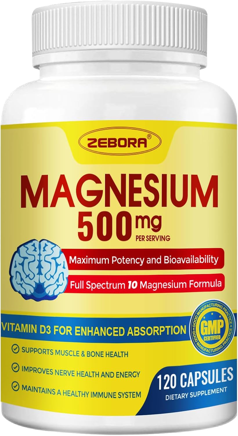 ZEBORA Complejo de Magnesio 10 en 1 - 500mg con Glicinato, Citrato y Malato + Vitamina D3 y Zinc - 120 Cápsulas
