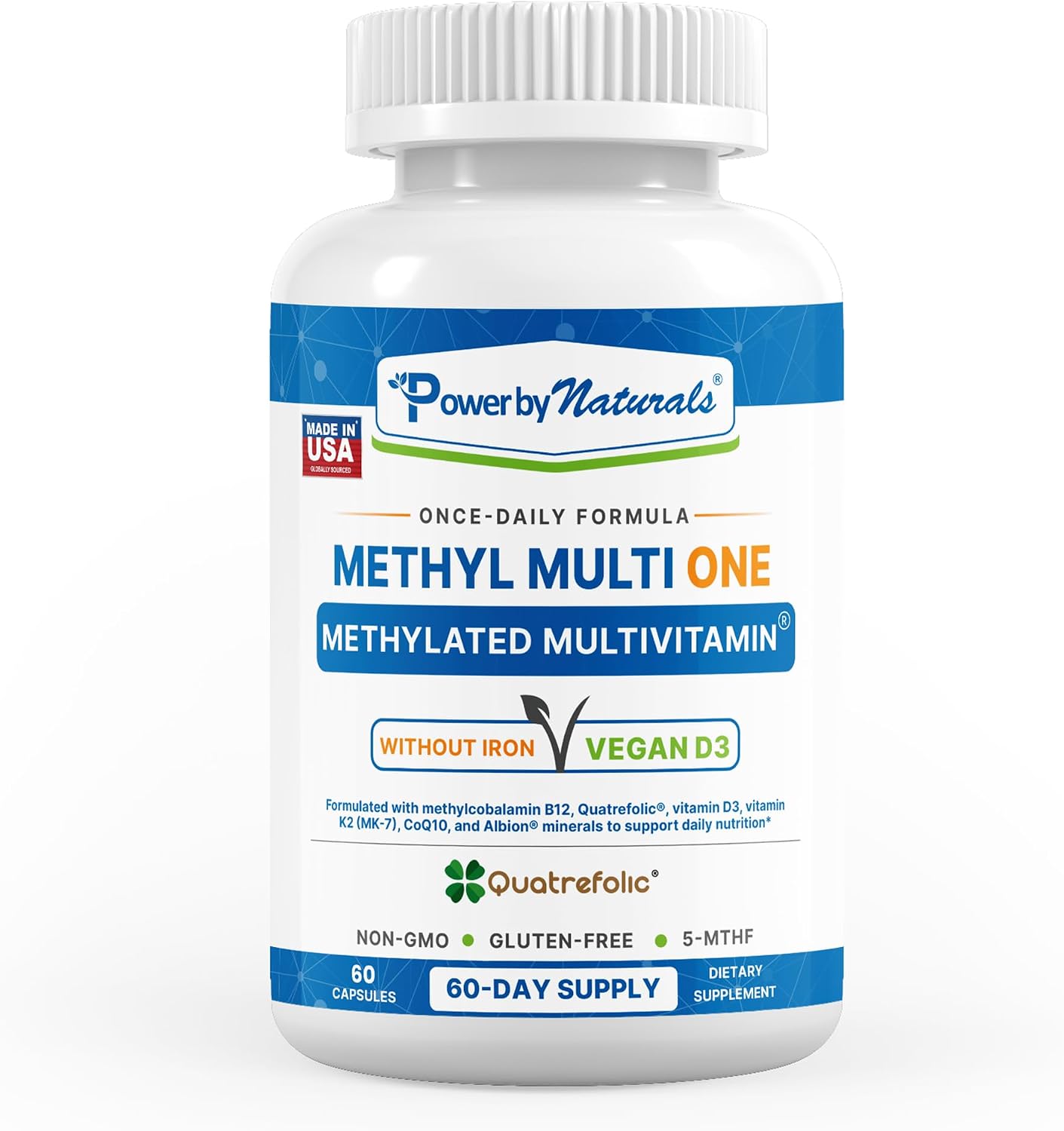 Power By Naturals Methyl Multi One - Multivitamínico Metilado Sin Hierro con 5-MTHF, Metilcobalamina y CoQ10 - 60 Cápsulas