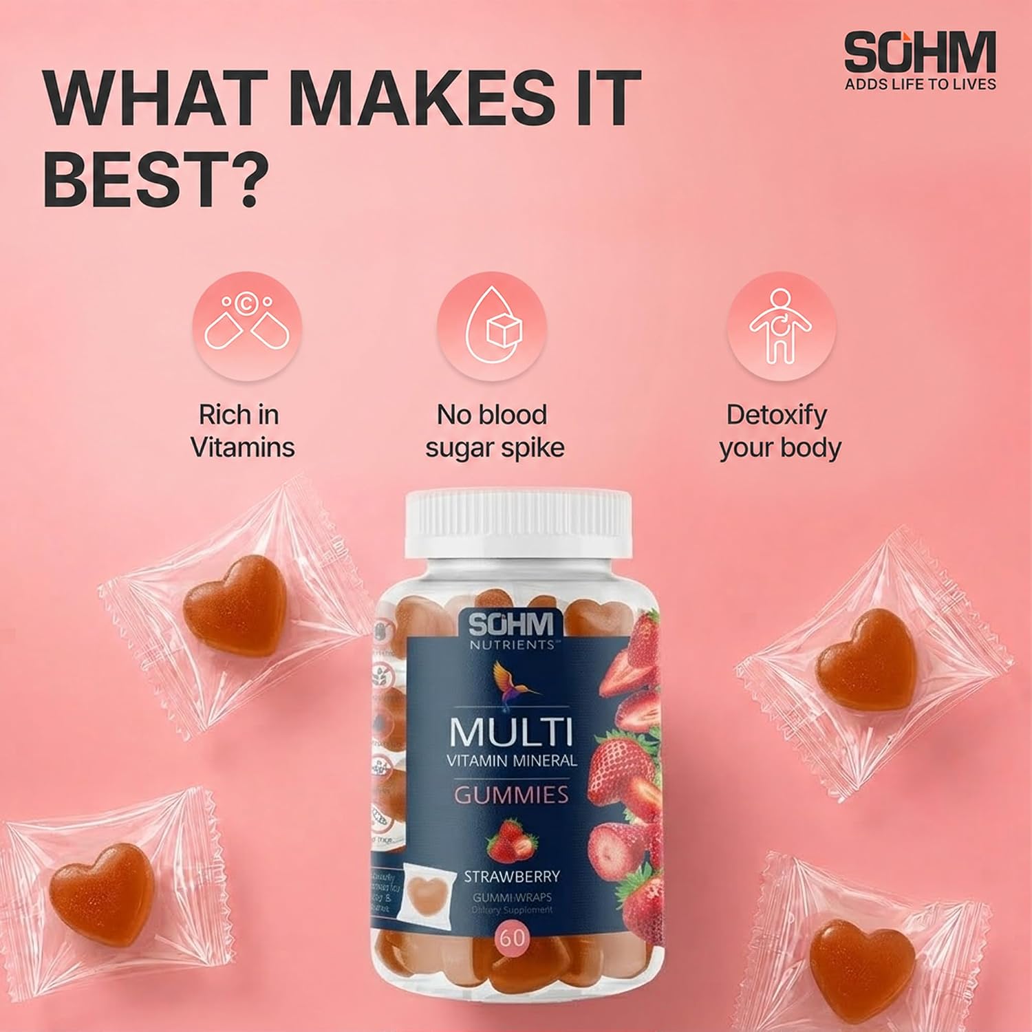 SOHM Multivitamin Gummies para Hombres y Mujeres, 60 unidades – Gomitas diarias con Vitaminas A, C, D3, E y Ácido Fólico