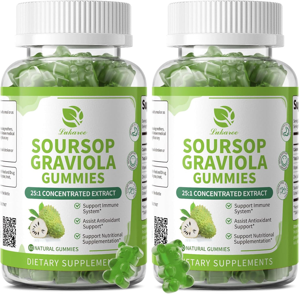 Lukaree Gominolas de Soursop Graviola - 2 Paquetes - Extracto Concentrado con Vitamina C y Zinc - 60 Gominolas