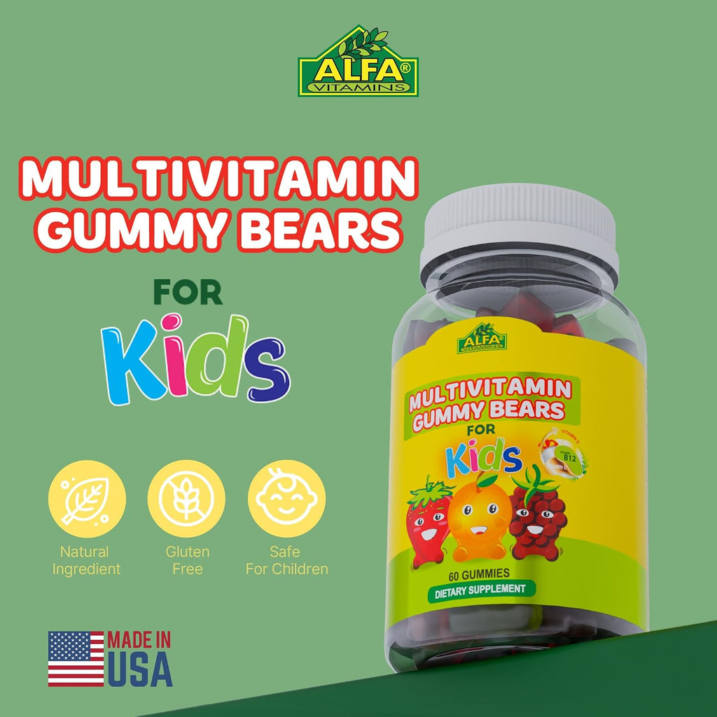 ALFA VITAMINS Gomitas Multivitamínicas para Niños con 13 Nutrientes Esenciales, Vitamina C, D3 y B12 - 60 Gomitas