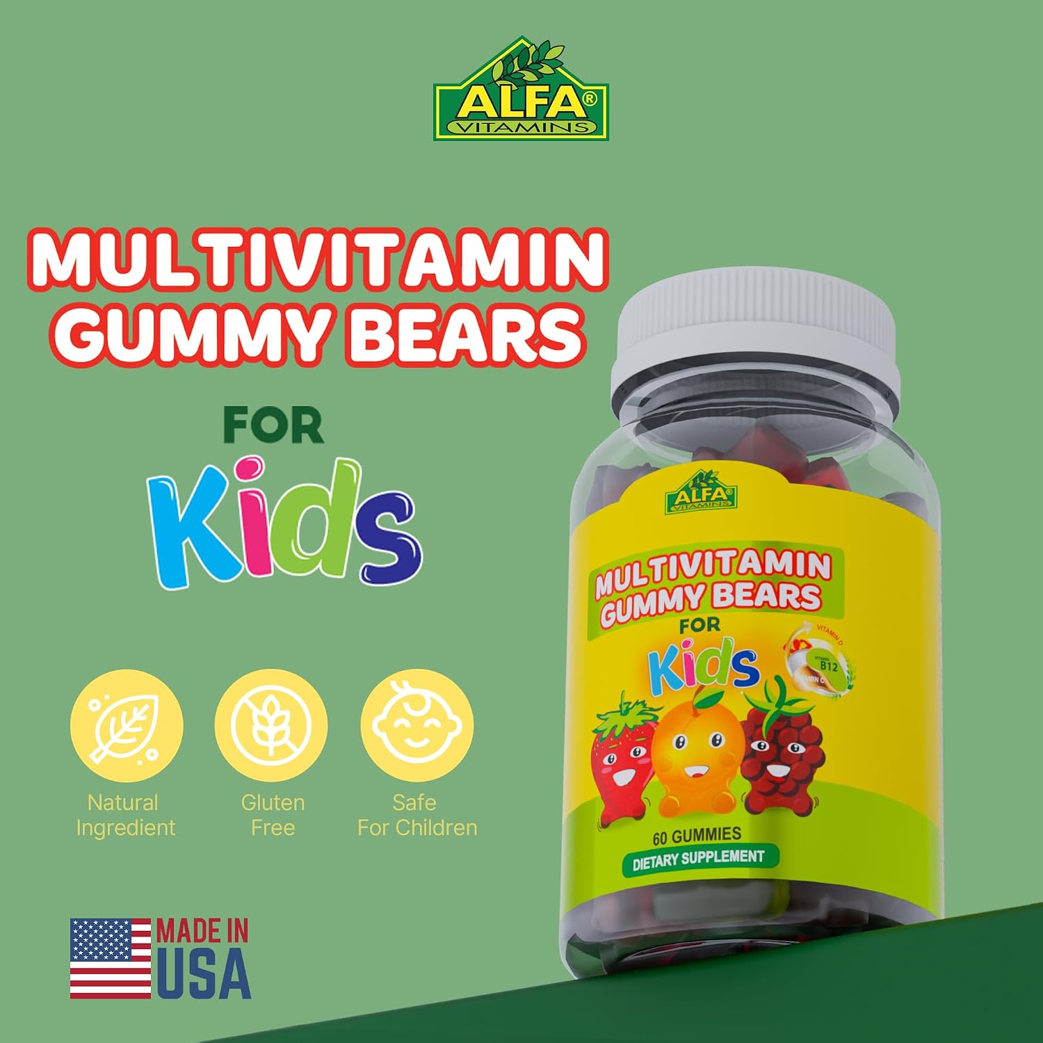 ALFA VITAMINS Gomitas Multivitamínicas para Niños con 13 Nutrientes Esenciales, Vitamina C, D3 y B12 - 60 Gomitas