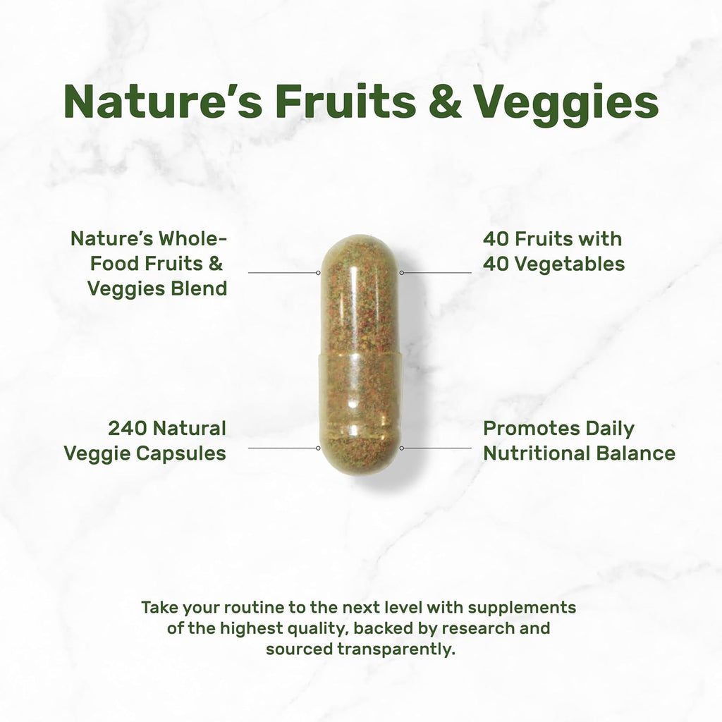Nature’s Fruits & Veggies Suplemento, 240 Cápsulas Vegetales – 80 Superalimentos Integrales para el Equilibrio Diario