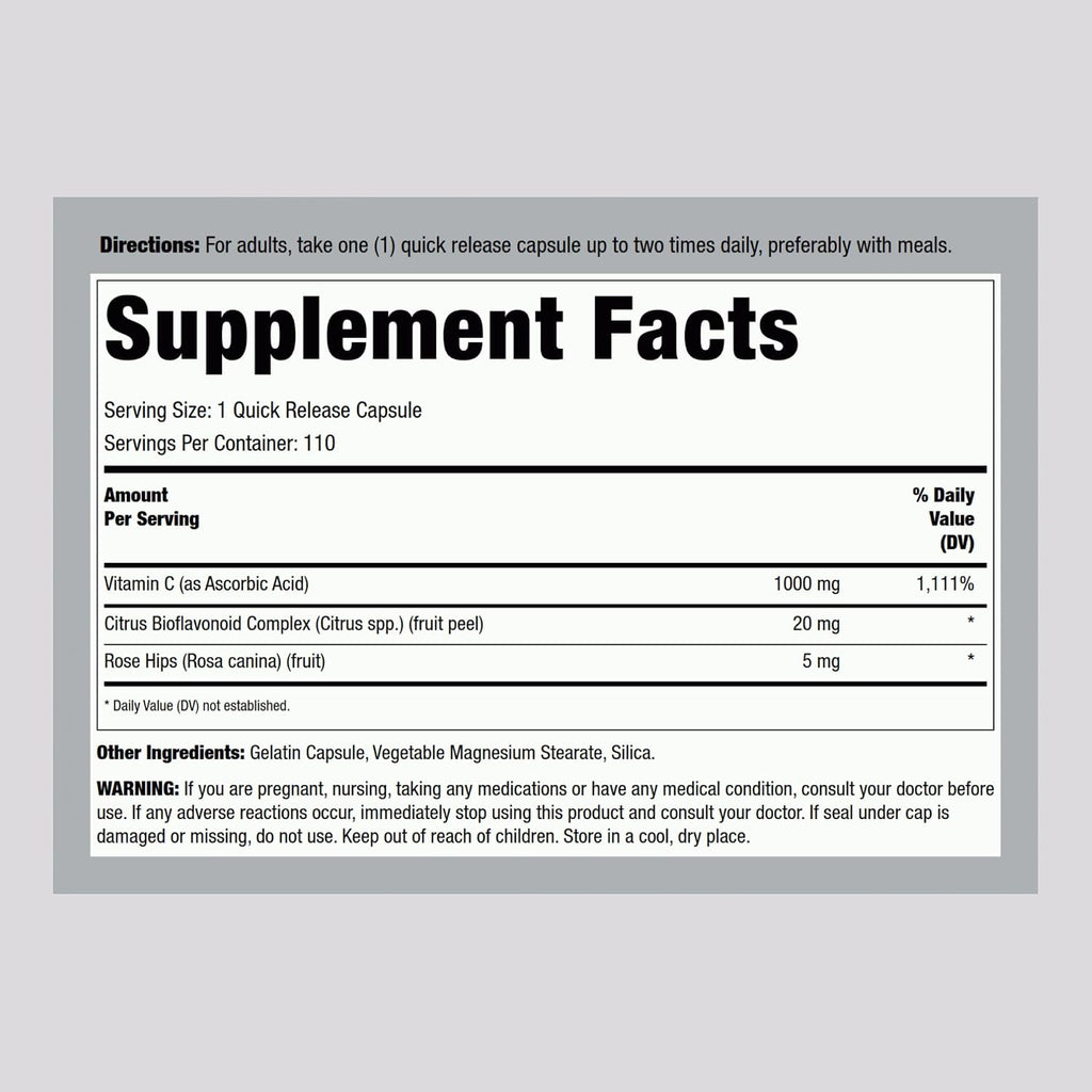 Piping Rock Vitamin C | 1000mg | 110 Cápsulas | con Bioflavonoides y Escaramujo | Suplemento No-GMO y Sin Gluten