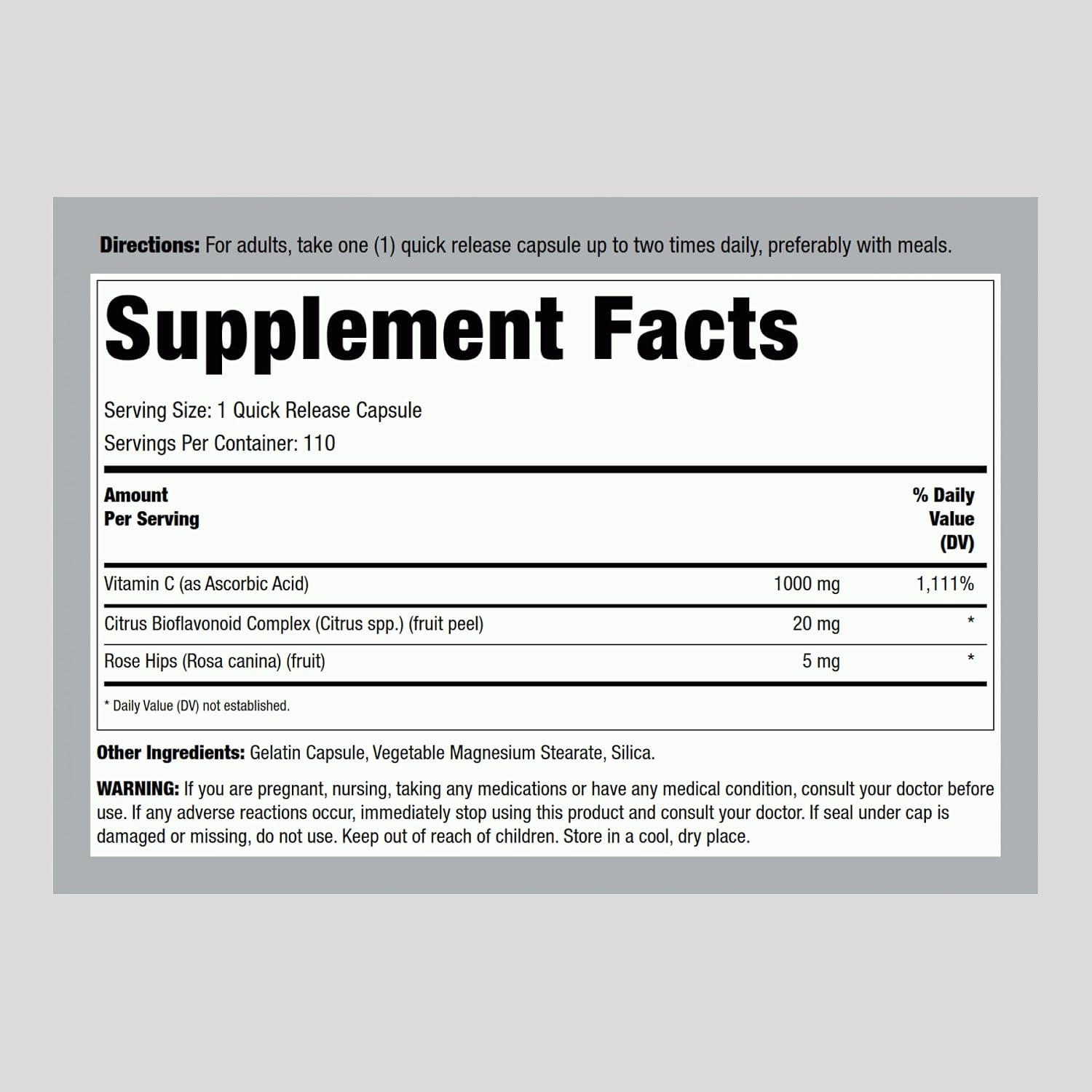 Piping Rock Vitamin C | 1000mg | 110 Cápsulas | con Bioflavonoides y Escaramujo | Suplemento No-GMO y Sin Gluten