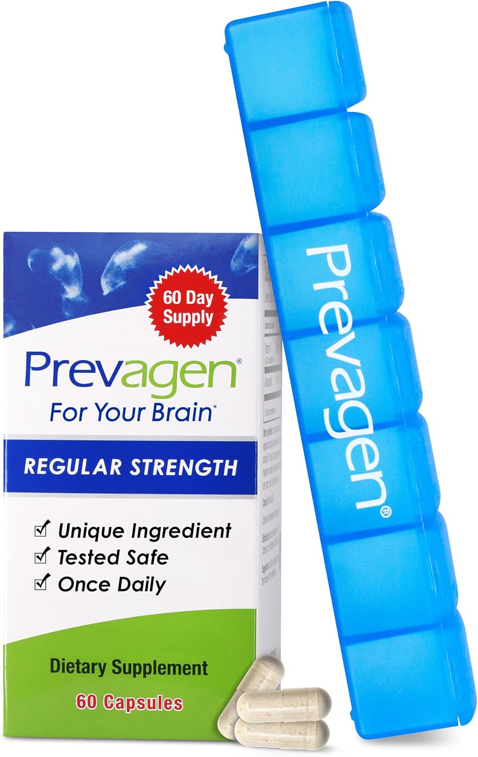 Prevagen Regular Strength - 60 Cápsulas (Suministro para 2 Meses) | Formulado para el Cerebro | 10 mg de Apoaequorina + Vitamina D3 con Pastillero Semanal