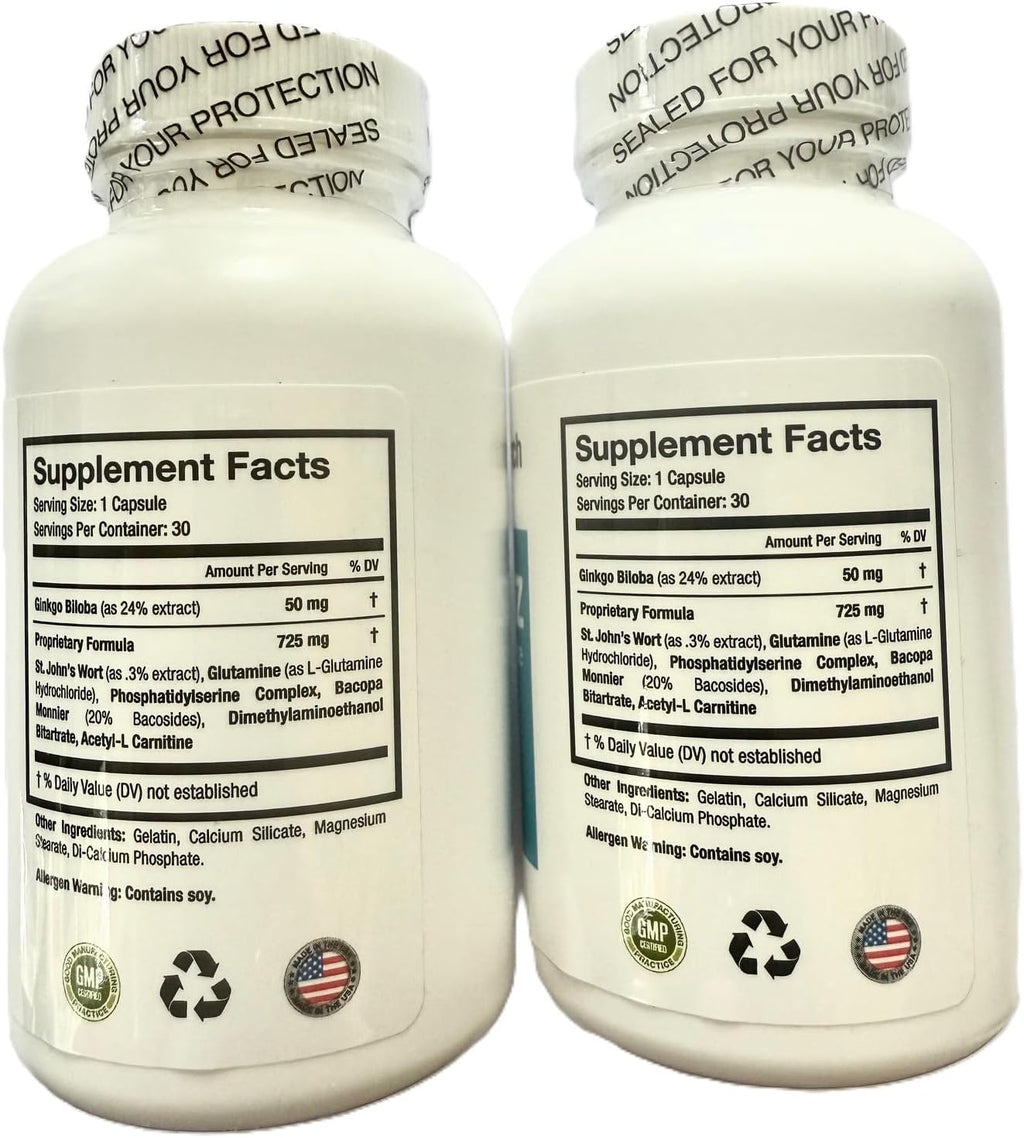 Suplemento para la función cerebral – 2 paquetes de 60 cápsulas – Potenciador mental para memoria, claridad y enfoque