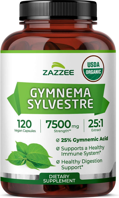 Zazzee USDA Organic Extracto de Gymnema Sylvestre 25:1, 25% Ácido Gimnémico, 120 Cápsulas Veganas – Image 1