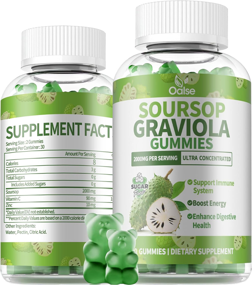 Gominolas de Graviola (Soursop) con Vitamina C y Zinc - 60 Gominolas Sin Azúcar, Veganas y Sin Gluten