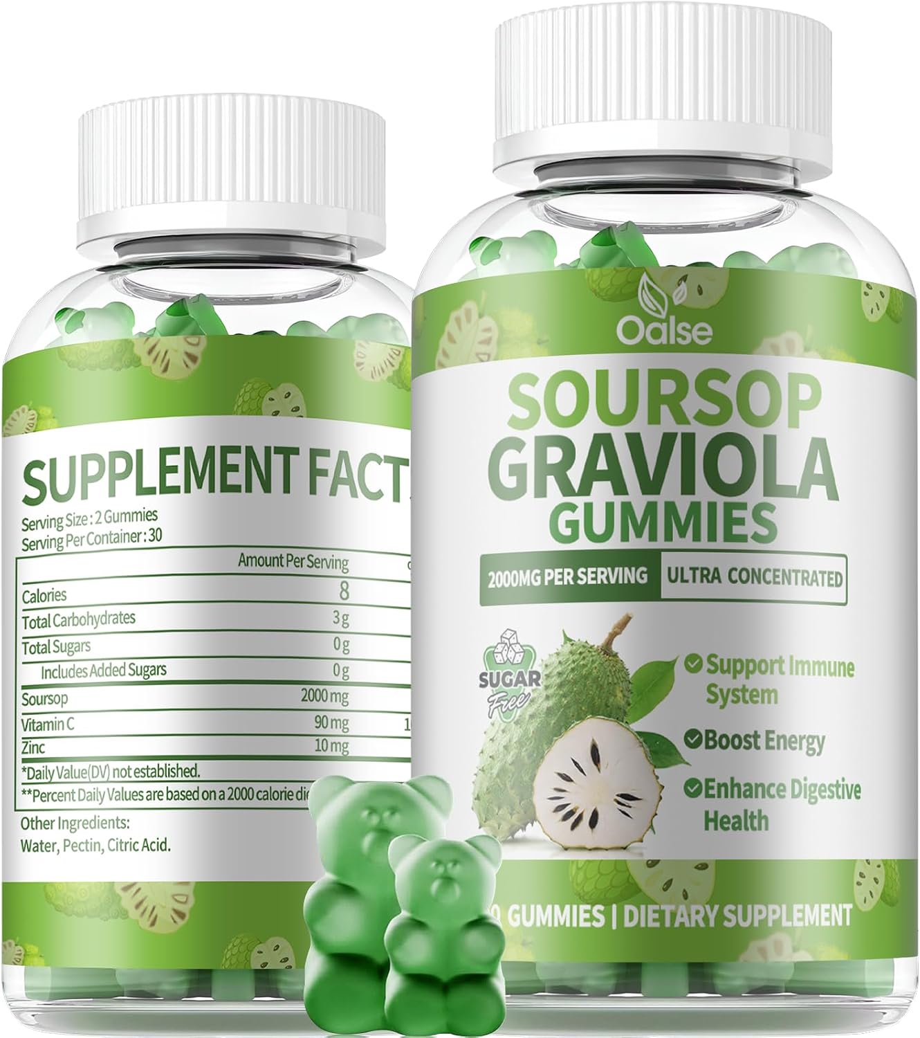 Gominolas de Graviola (Soursop) con Vitamina C y Zinc - 60 Gominolas Sin Azúcar, Veganas y Sin Gluten