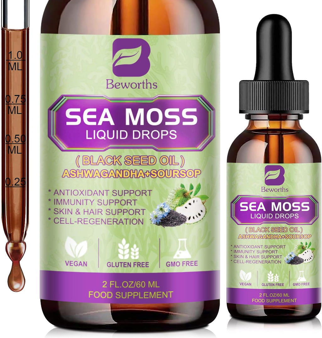 Sea Moss Liquid Drops - Musgo Marino Irlandés Orgánico con Aceite de Semilla Negra, Espirulina, Saúco y Vitaminas C y D3