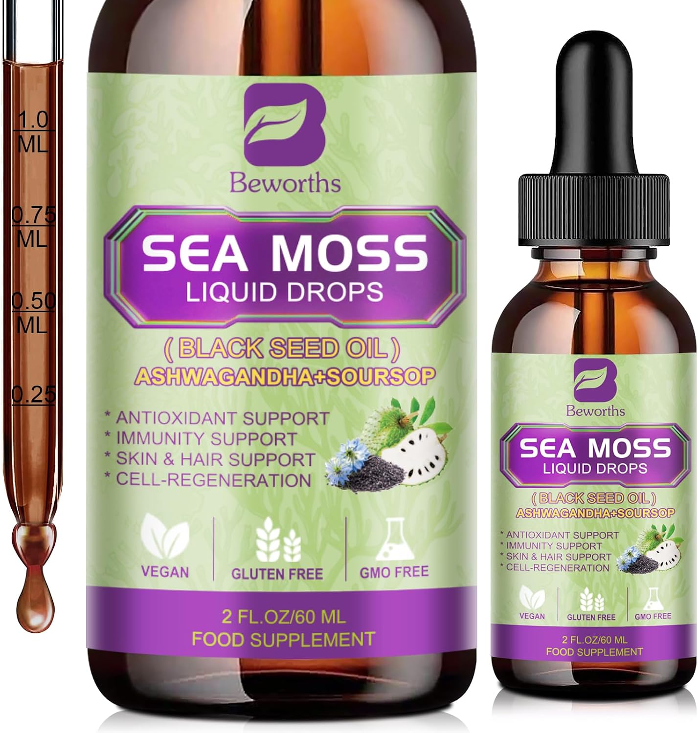 Sea Moss Liquid Drops - Musgo Marino Irlandés Orgánico con Aceite de Semilla Negra, Espirulina, Saúco y Vitaminas C y D3