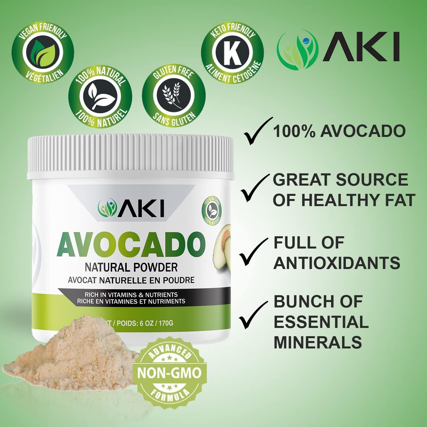 AKI Avocado Superfood Powder (170g) - Rico en Nutrientes, Vitaminas, Omega 3 y Antioxidantes - Vegano y No-GMO