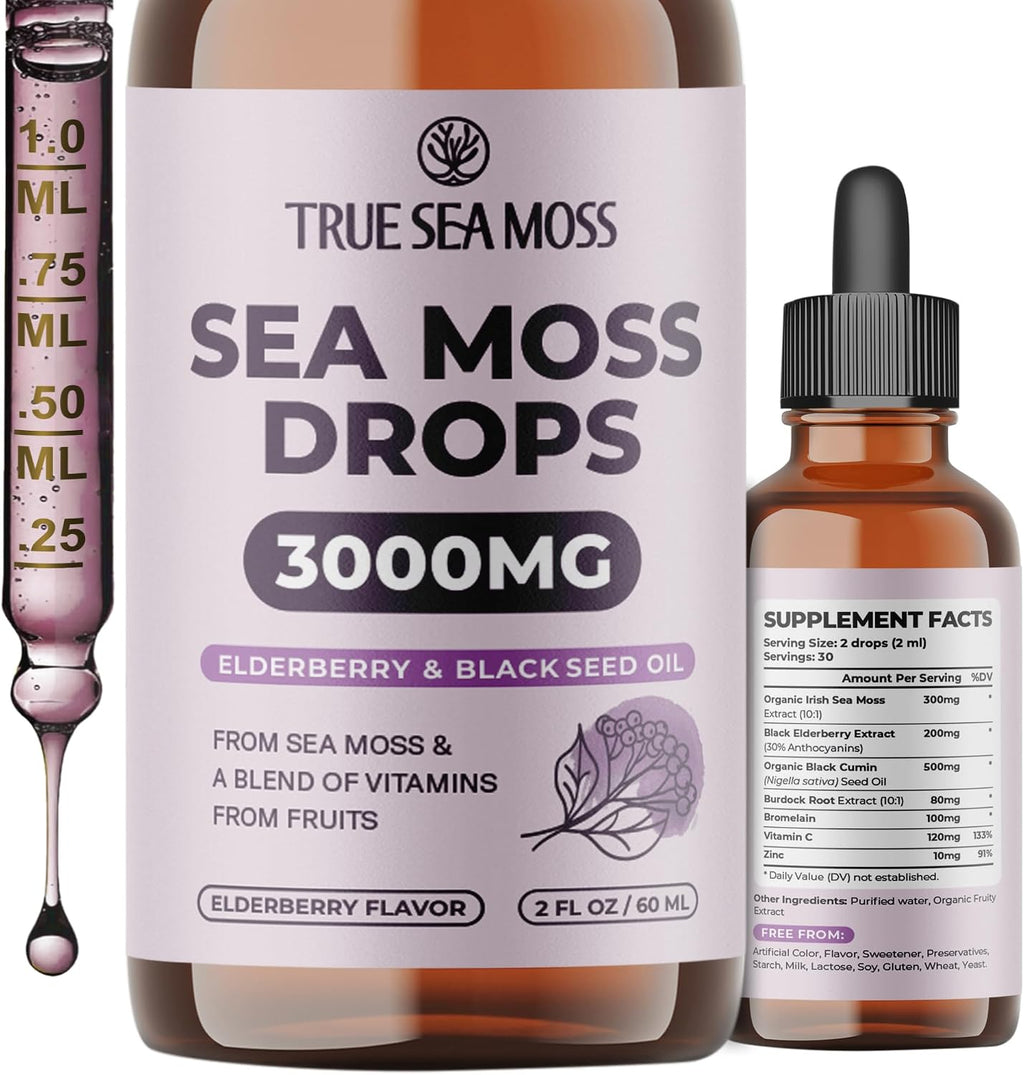 TrueSeaMoss Irish Sea Moss Gotas Líquidas – Aceite de Semilla Negra, Extracto de Bladderwrack, Raíz de Bardana, Vitamina C y Zinc – Sabor Manzana – 30 Dosis