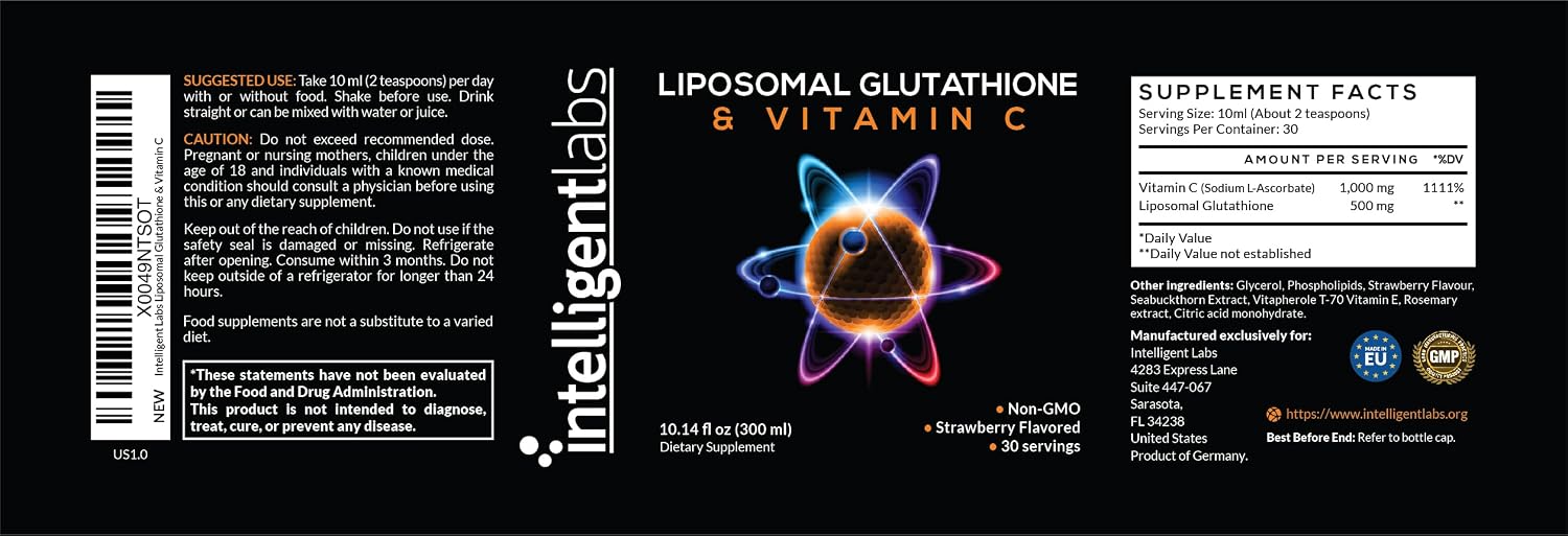 Intelligent Labs Glutatión Liposomal + Vitamina C, 500 mg + 1000 mg por dosis, 30 dosis, Sin Soja