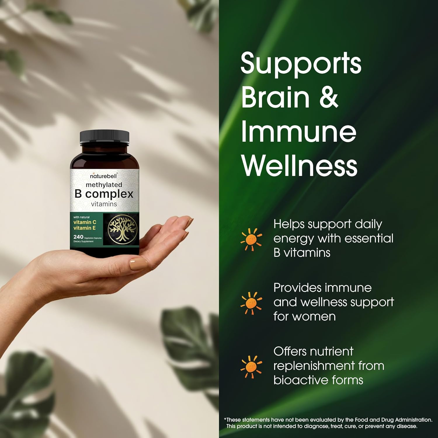 NatureBell Complejo B Metilado - 240 Cápsulas Vegetarianas - Fórmula 12 en 1 de Alta Biodisponibilidad - Apoyo Inmunológico y Energético* - No GMO y Sin Gluten