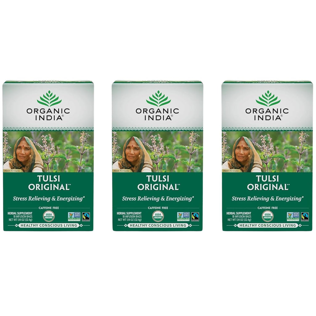 ORGANIC INDIA Té de Tulsi Original - Infusión de Albahaca Sagrada y Albahaca Africana, Relajante, Sin Cafeína - 18 Bolsitas, Pack de 3