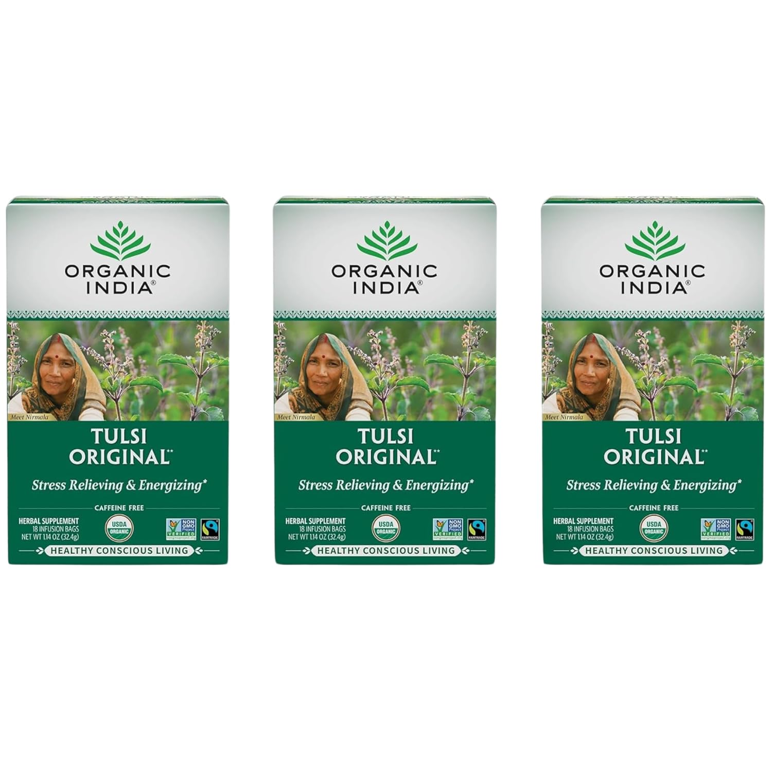 ORGANIC INDIA Té de Tulsi Original - Infusión de Albahaca Sagrada y Albahaca Africana, Relajante, Sin Cafeína - 18 Bolsitas, Pack de 3