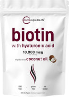 Biotina 10.000 mcg con Ácido Hialurónico + Aceite de Coco | 365 Cápsulas
