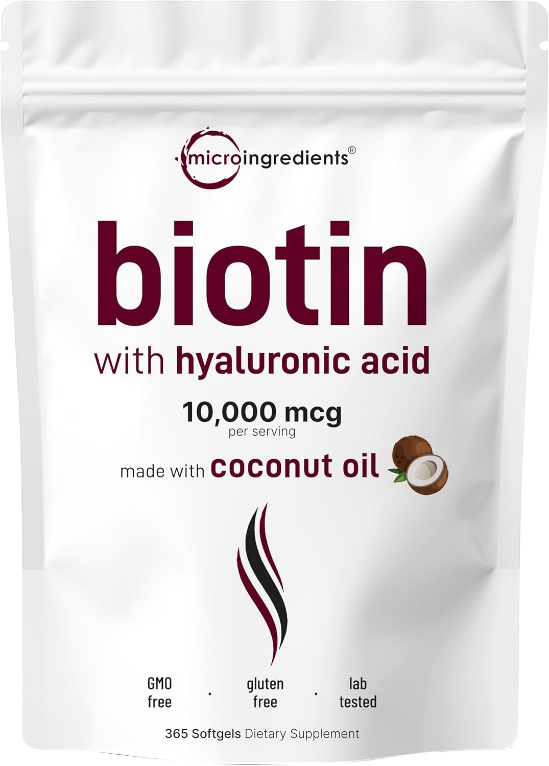 Biotina 10.000 mcg con Ácido Hialurónico + Aceite de Coco | 365 Cápsulas