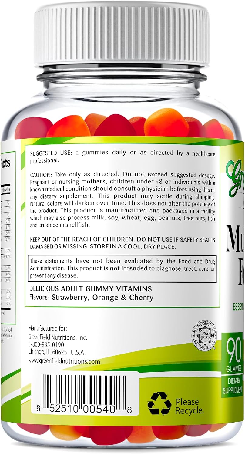 Greenfield Nutritions Gominolas Multivitamínicas Halal para Adultos - Sin Gelatina con Vitamina D3, B6, B12, Zinc y C - 90 Gominolas