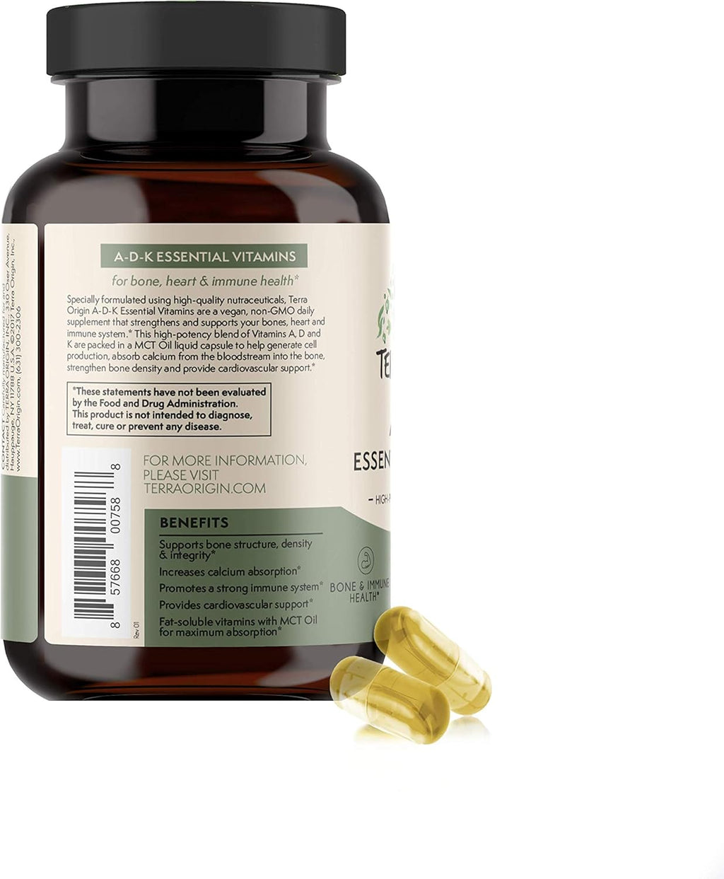 TERRA ORIGIN ADK Essential Vitamin Supplement | 60 Cápsulas Líquidas | Alta Potencia Vitaminas A, D3 (5000 UI), K1 y K2