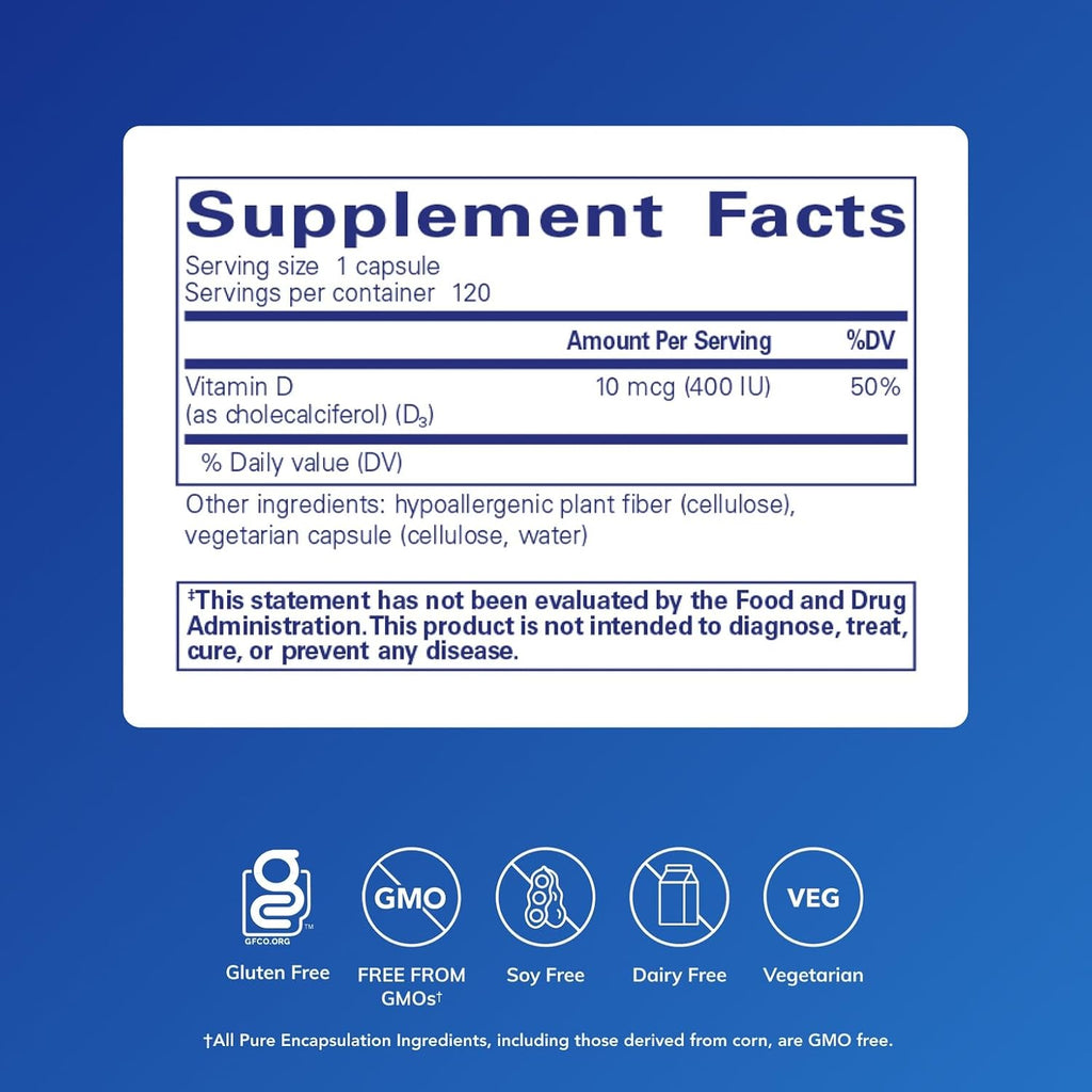 Pure Encapsulations Vitamina D3 10 mcg (400 UI) – 120 Cápsulas
