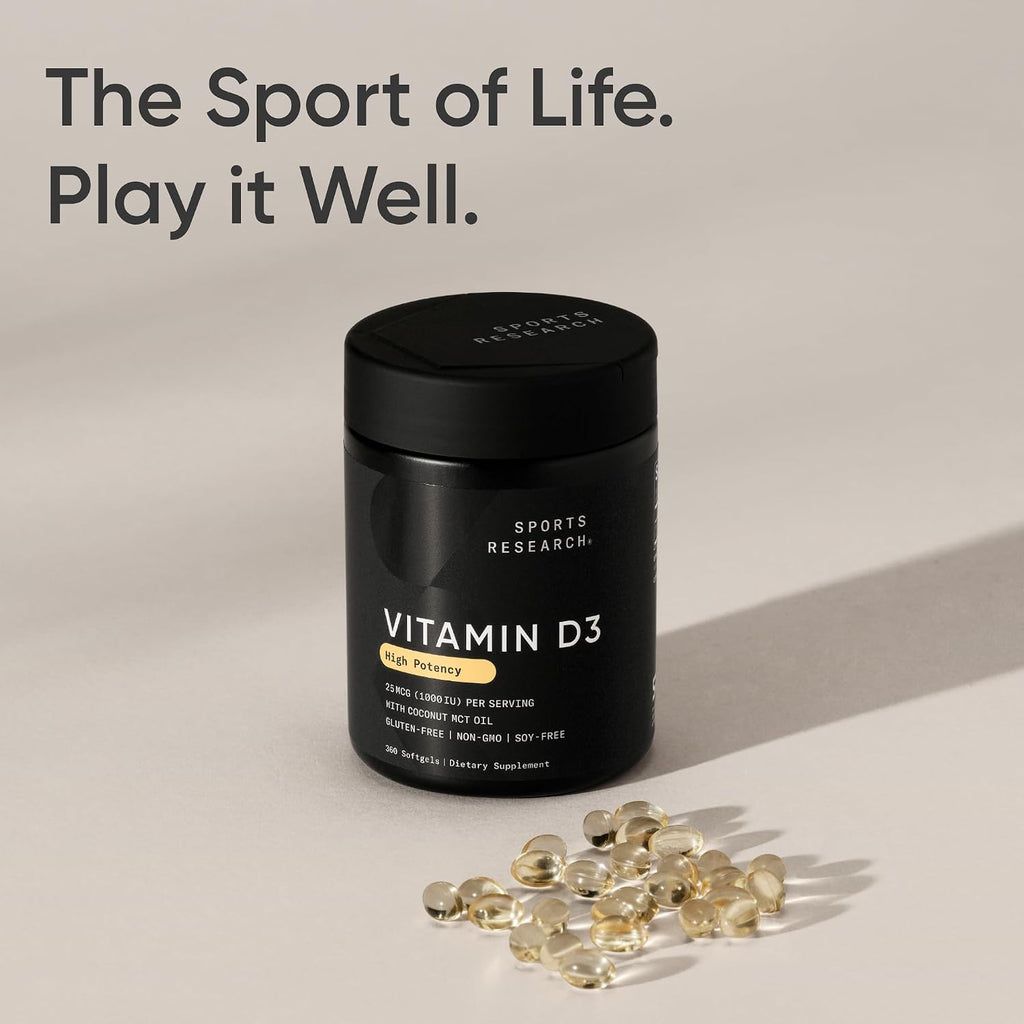 Sports Research® Vitamina D3 1000 UI con Aceite MCT de Coco - Suplemento de Alta Potencia para el Apoyo Inmune y Óseo - Sin Gluten · No-GMO · Sin Soja - 360 Cápsulas Blandas