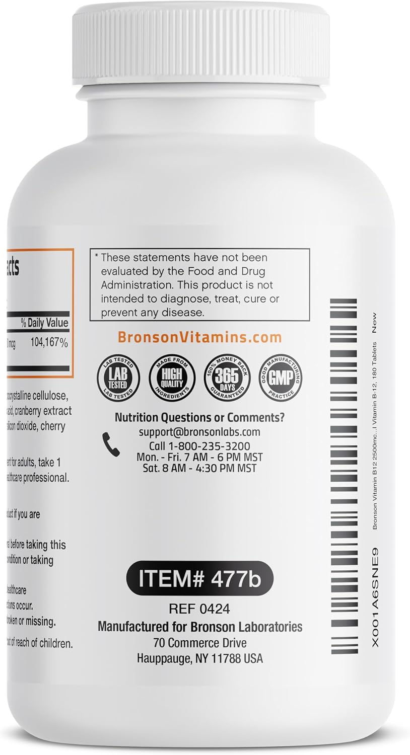 Bronson Vitamina B12 2500mcg Shot of Energy - Comprimidos Sublinguales Sabor Cereza - 180 uds