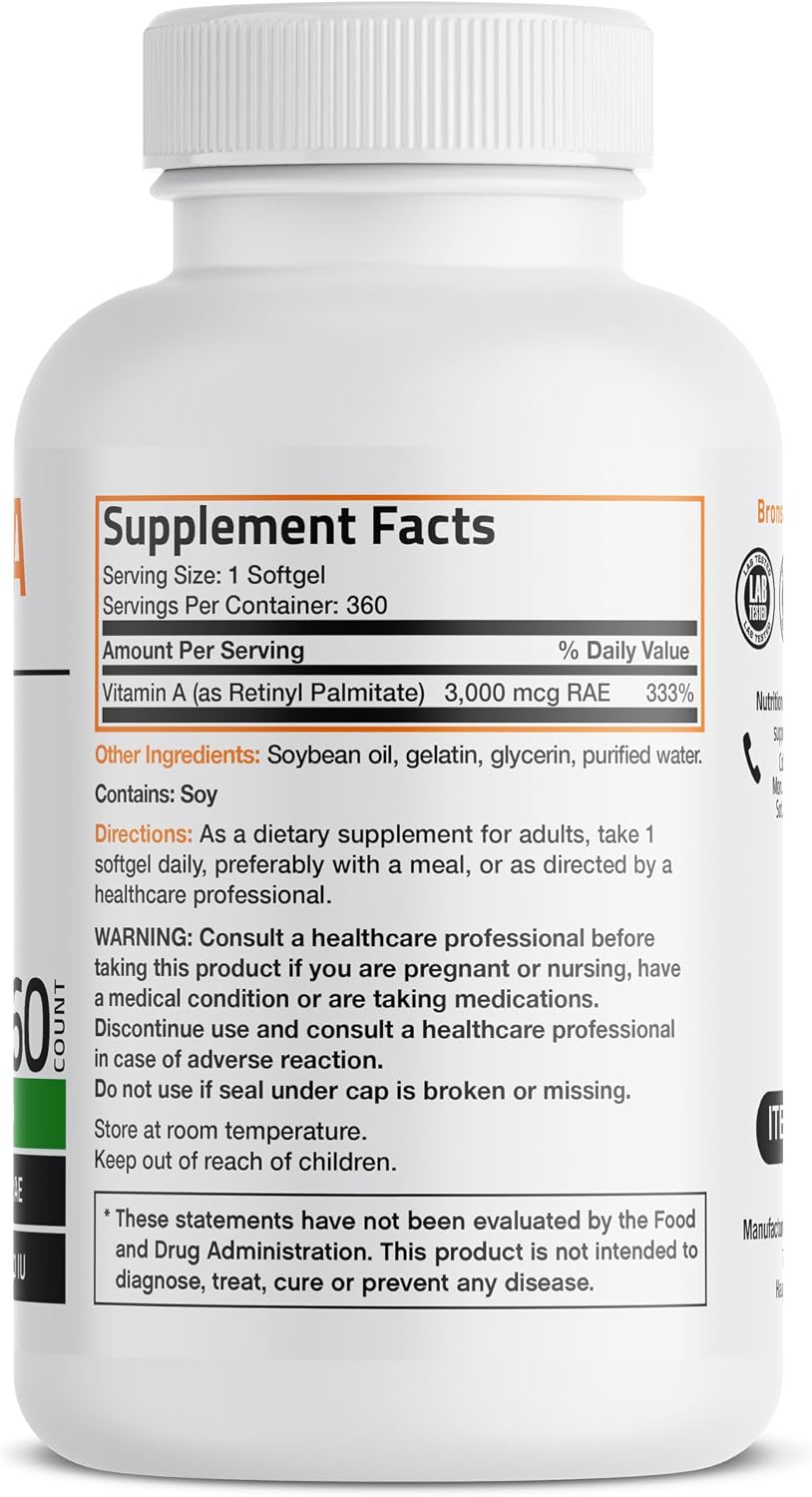 Bronson Vitamina A 10.000 UI - 360 Cápsulas Blandas - Fórmula No-GMO