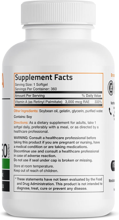 Bronson Vitamina A 10.000 UI - 360 Cápsulas – El funcionamiento normal del sistema inmunitario. – Image 2