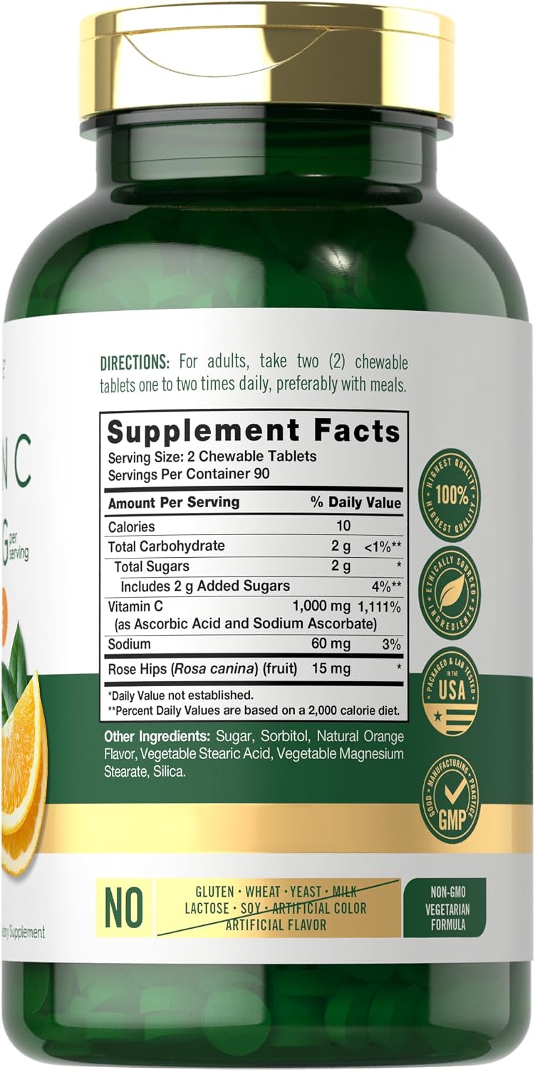 Carlyle Vitamina C Masticable | 1000 mg | 180 Comprimidos | Vegetariano, Sin Gluten, No-GMO
