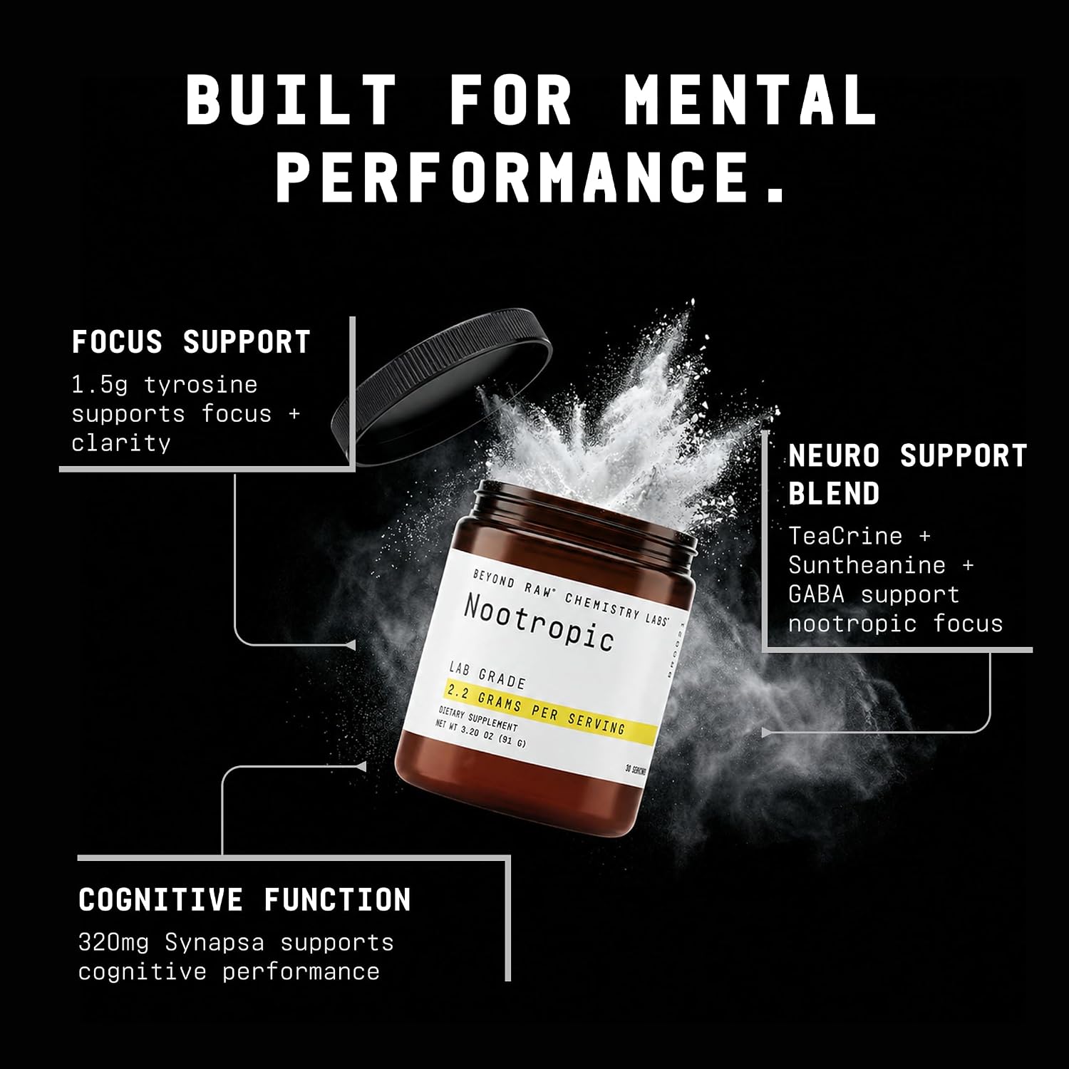 BEYOND RAW Chemistry Labs Polvo Nootrópico, Potenciador Cognitivo y Apoyo a la Memoria, 30 Servicios