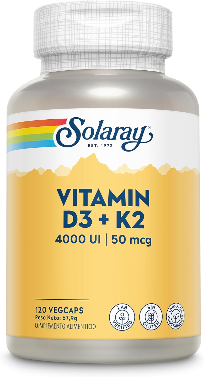 SOLARAY Vitamina D3 K2, Suplemento de Vitamina D3 y K2 para la Absorción de Calcio, Salud Ósea y Apoyo Inmunológico, Sin Soja, 60 Cápsulas Veganas