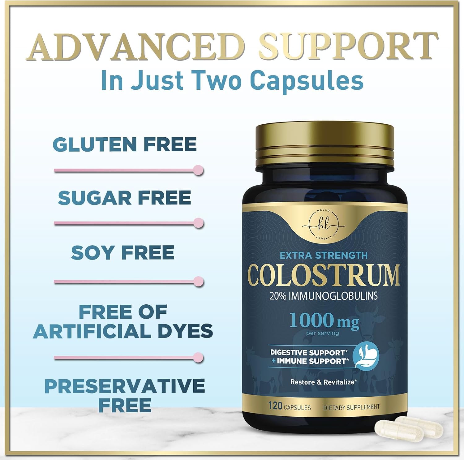 Hello Lovely! Colostrum Bovino 1000mg – 120 Cápsulas – Apoyo Digestivo e Inmune