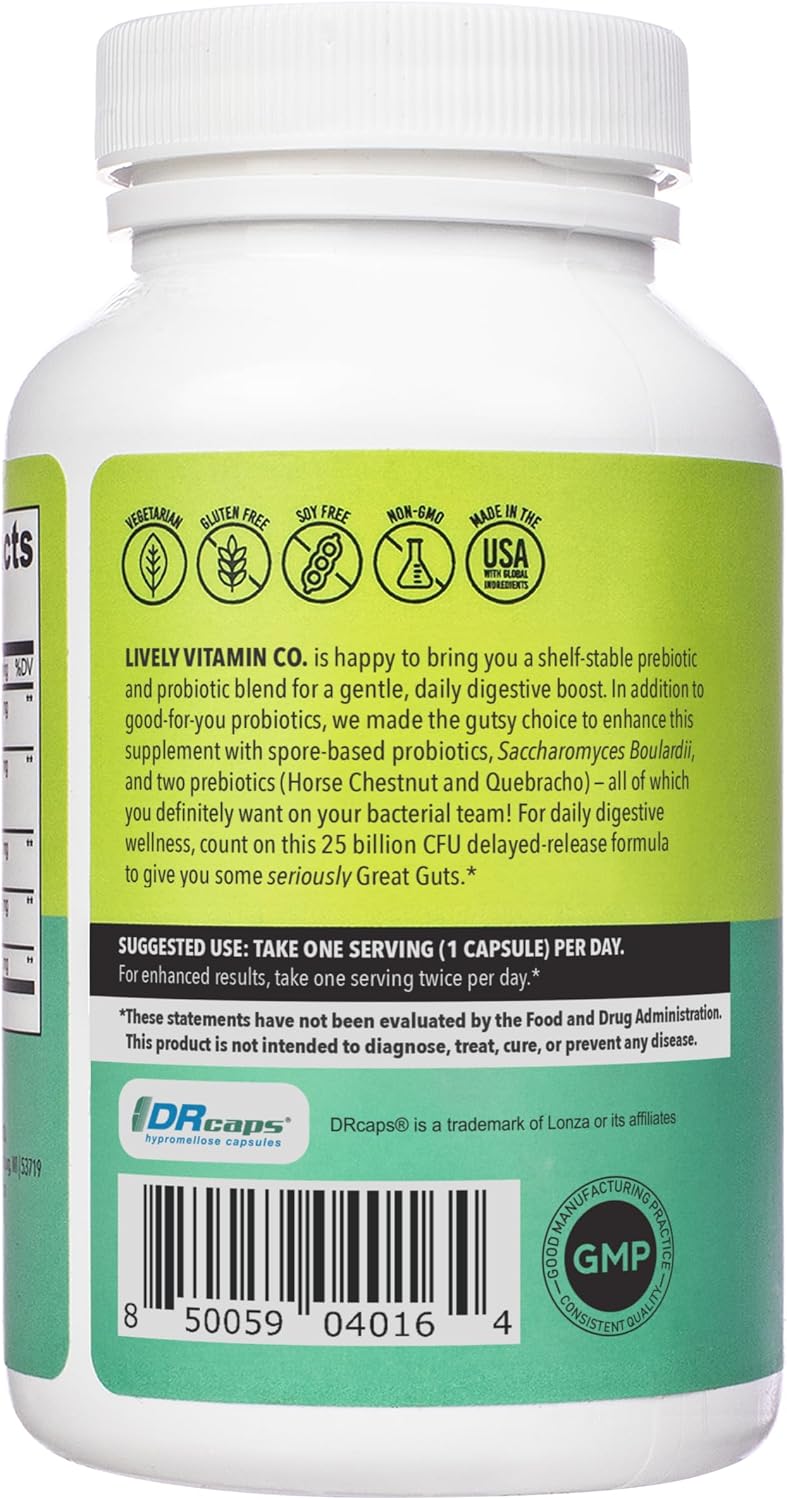 LIVELY VITAMIN CO. Great Guts Probiotic - 25 Billion CFU - Equilibrio Intestinal - 90 Cápsulas