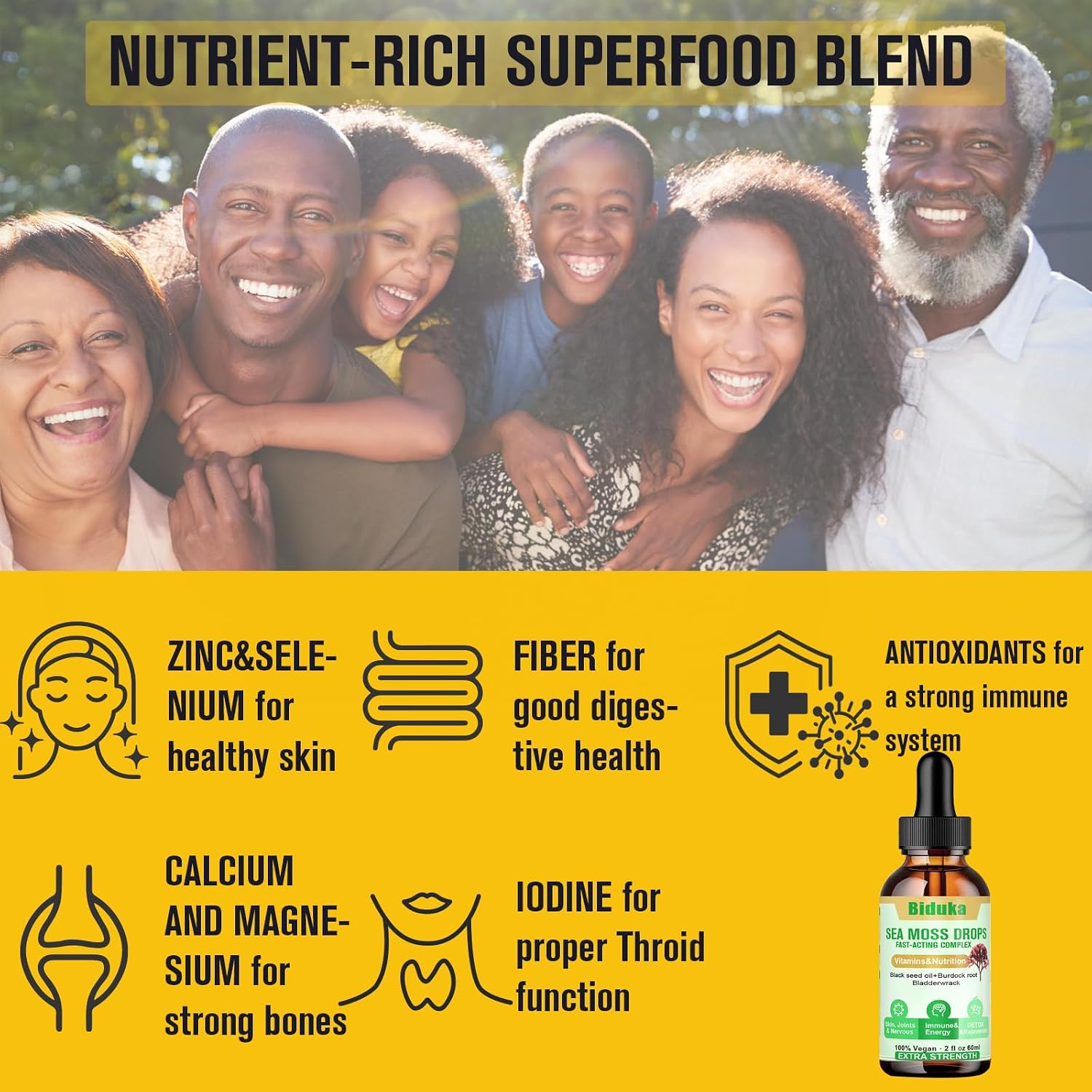 Biduka Gotas de Musgo de Mar con Aceite de Comino Negro, Vitamina C y Zinc