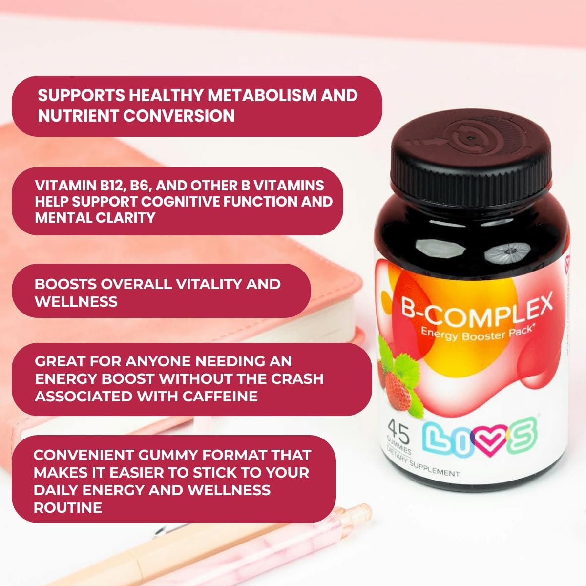 LIVS Complejo B Gummies con B12, Biotina, B3, B6 y Vitamina C para Niños y Adultos – Sabor Fresa (45 unidades)