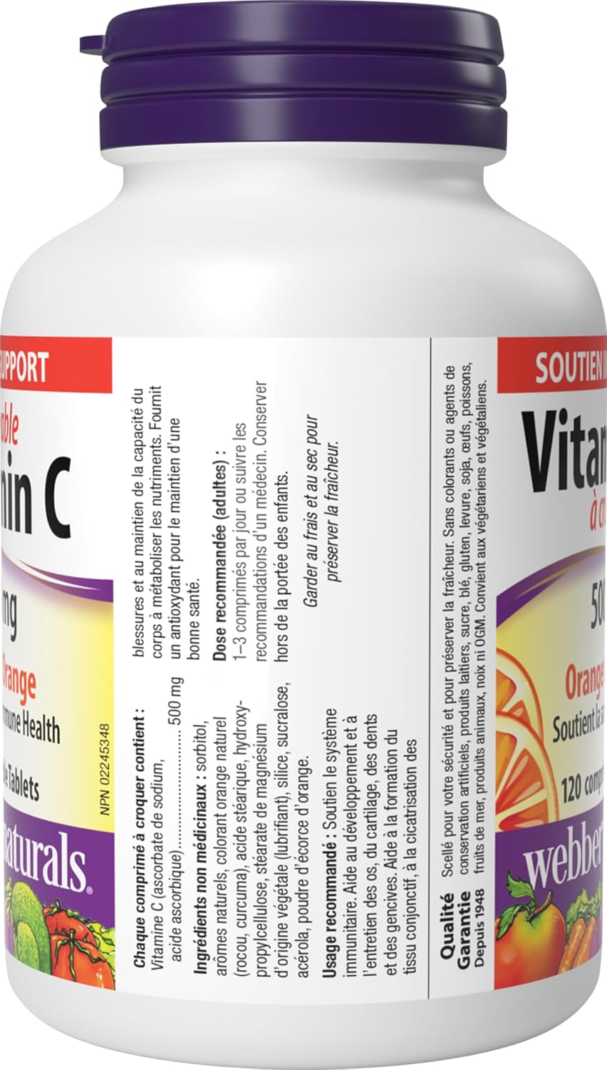 Webber Naturals Vitamina C Masticable 500 mg, 120 Comprimidos Sabor Naranja
