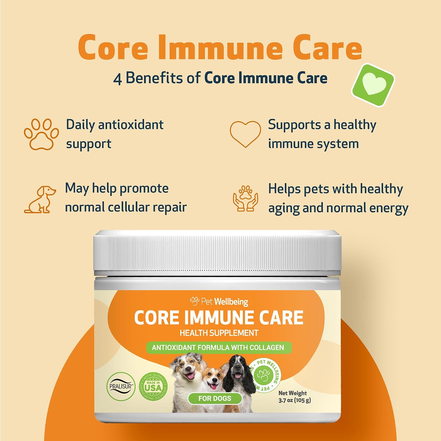 Pet Wellbeing Core Immune Care para Perros - Antioxidante Diario en Polvo (105 g)