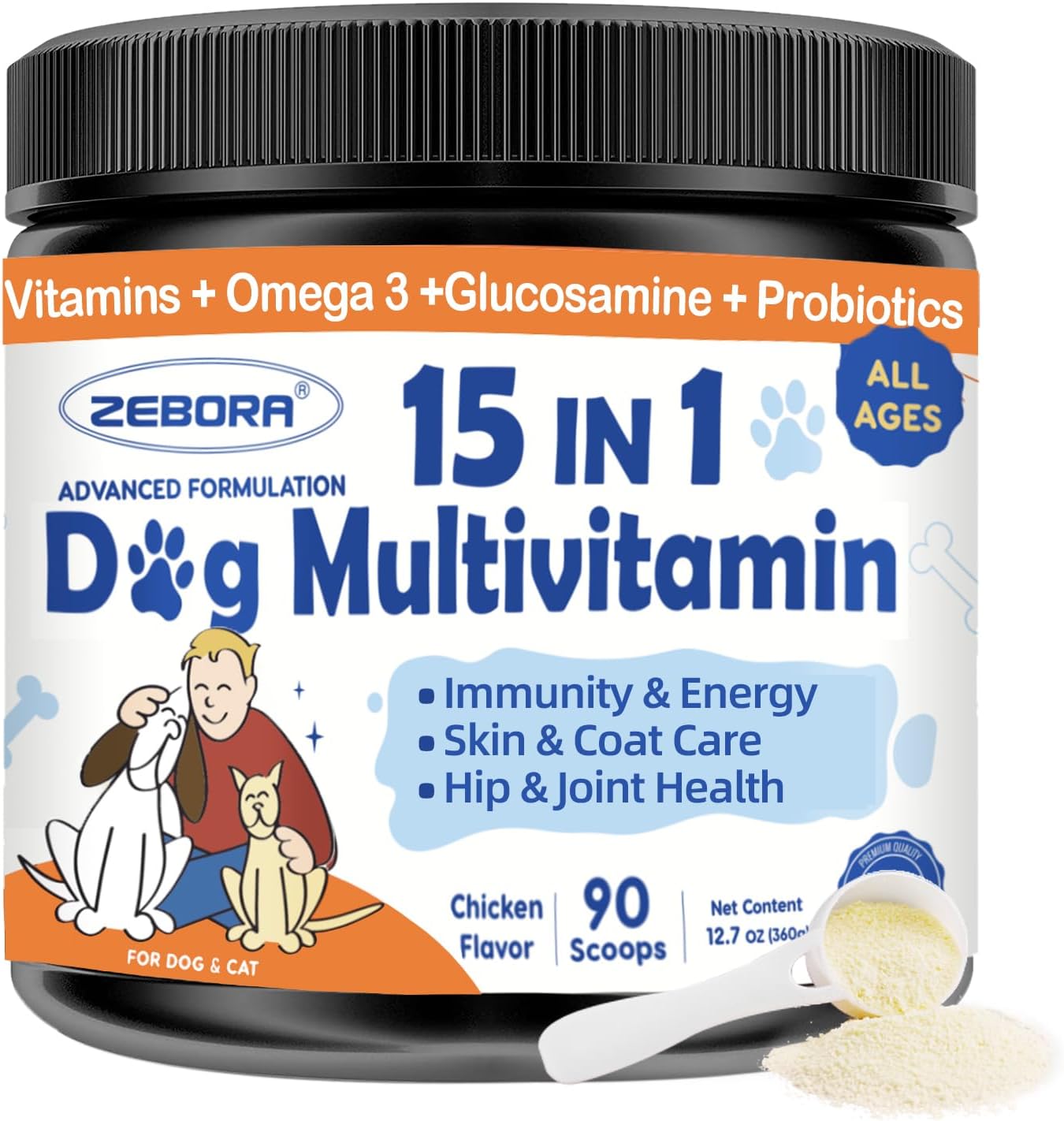 ZEBORA Polvo Multivitamínico para Perros - Glucosamina, Probióticos, Omega 3