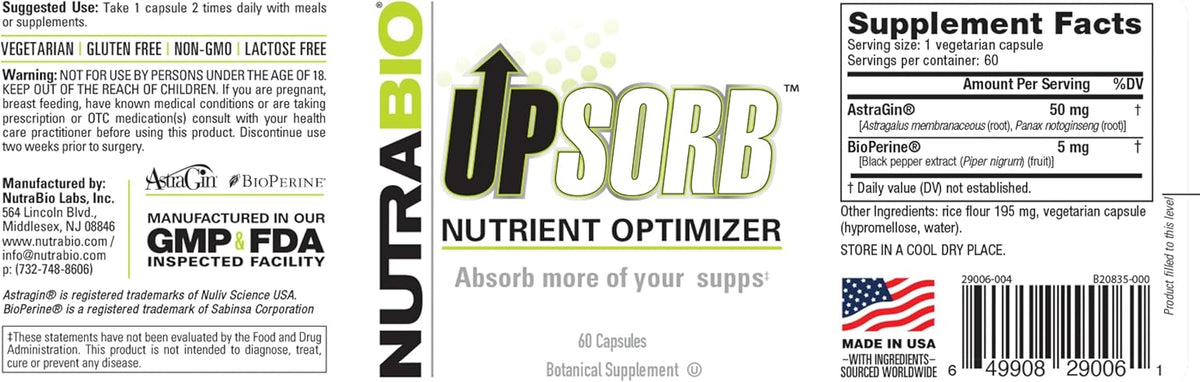 NutraBio UpSorb - Potenciador de Biodisponibilidad con BioPerine y AstraGin - 60 Cápsulas Vegetales – Image 2