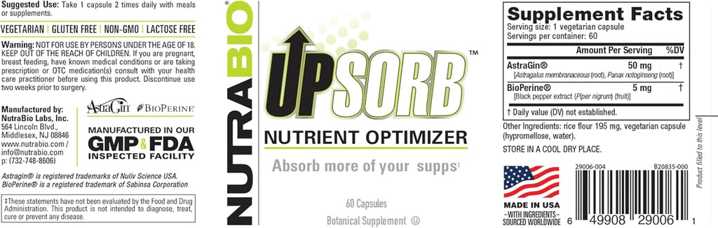 NutraBio UpSorb - Potenciador de Biodisponibilidad con BioPerine - 60 Cápsulas Vegetales