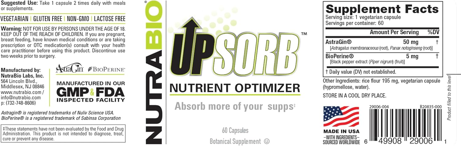 NutraBio UpSorb - Potenciador de Biodisponibilidad con BioPerine - 60 Cápsulas Vegetales