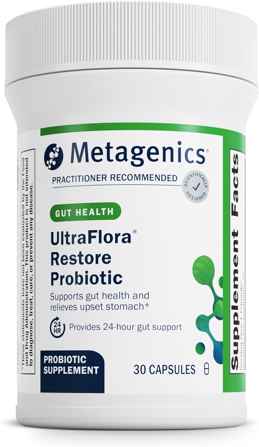 Metagenics UltraFlora Restore Probiótico - 20 mil millones UFC - Alivio de heces sueltas ocasionales* - Apoya la salud intestinal* - 30 cápsulas