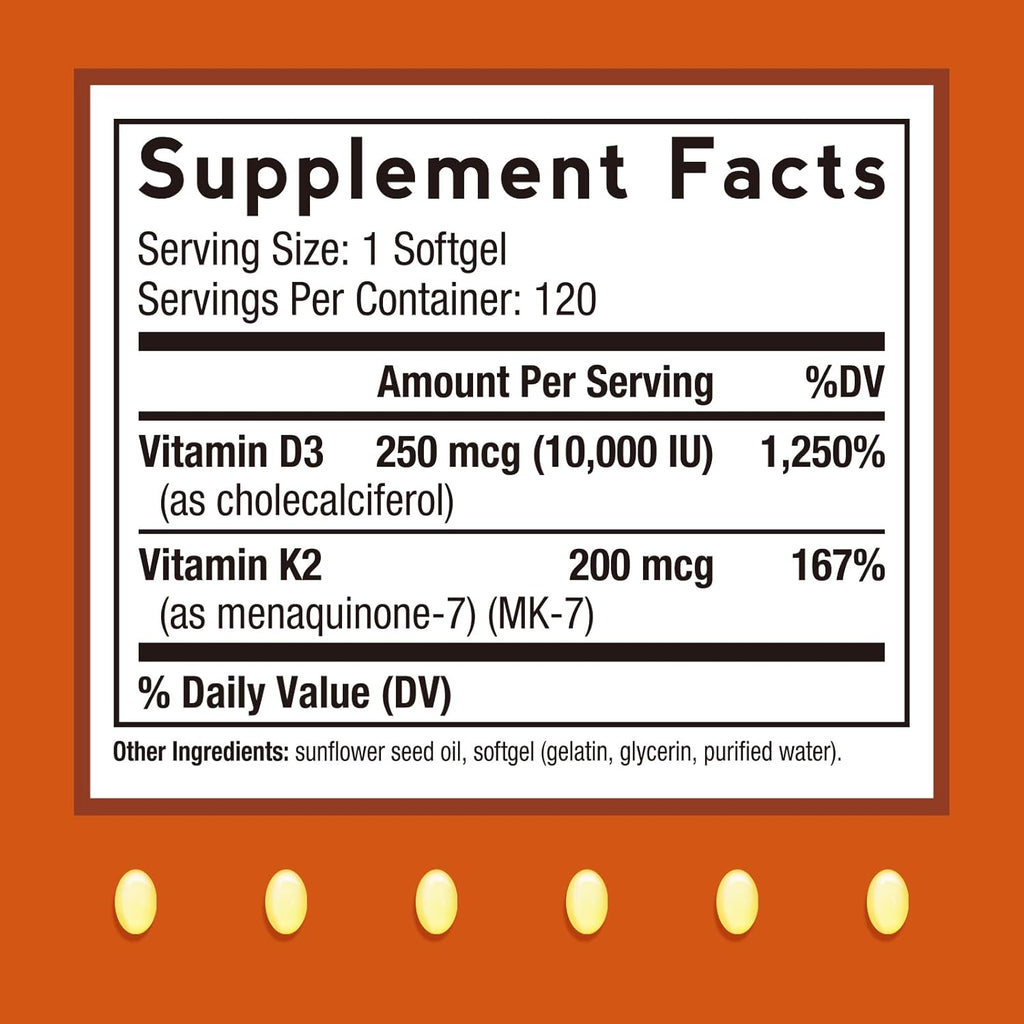Doctor's Recipes Vitamina D3 + K2, 10.000 UI, 200 mcg MK-7, 120 Cápsulas Blandas
