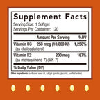 Doctor's Recipes Vitamina D3 + K2, 10.000 UI, 200 mcg MK-7, 120 Cápsulas Blandas