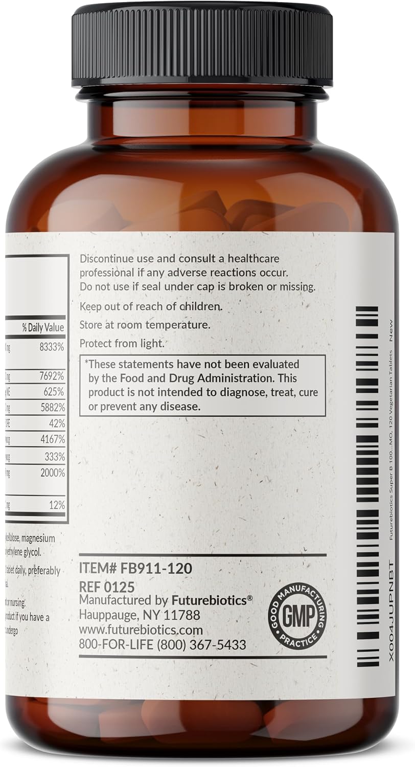 Futurebiotics Super B 100 Sustained Release Vitamin B Complex Non-GMO, 120 Vegetarian Tablets – Image 7